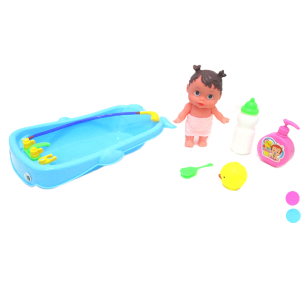 小娃娃带婴儿浴盆,奶瓶,小鸡,瓶子,梳子粉红,粉蓝2色 塑料