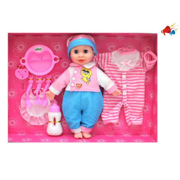 15寸四声棉身娃娃带衣服,奶瓶,奶嘴,围巾,餐具套2色 声音 不分语种IC 塑料