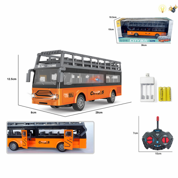 双层观光巴士带USB座充器 遥控 1:30 4通 灯光 主体包电，遥控器不包电 塑料