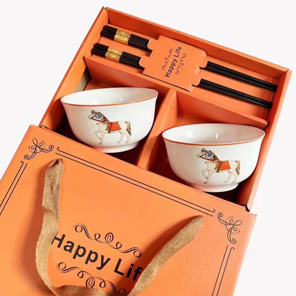 抽取式礼盒2碗2筷陶瓷餐具套装 单色清装 陶瓷