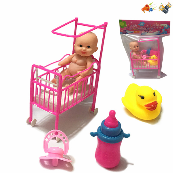 肥童娃娃带婴儿床,奶瓶,奶嘴,鸭子 5寸 声音 不分语种IC 包电 塑料