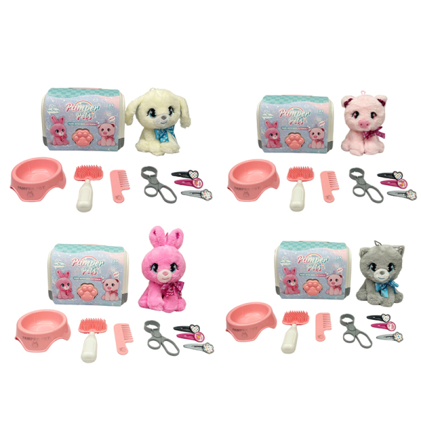 4款式粉色猪/兔子/小狗/猫带笼子化妆套装 塑料