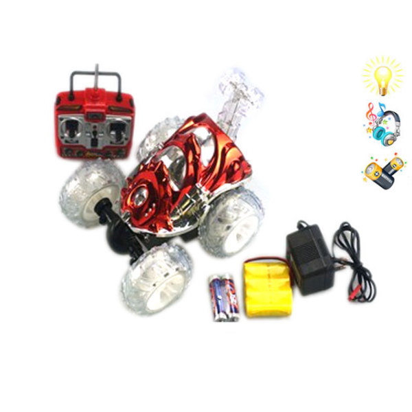 四通遥控明轮翻斗车带灯光,音乐,电池,充电器红蓝2色 4通 灯光 声音 不分语种IC 塑料