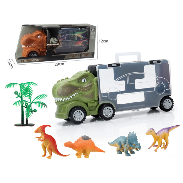 霸王龙货柜车+4只恐龙子+1颗树 滑行 黑轮 塑料